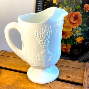 Vintage Indiana Glass Milk Glass Pedestal Pitcher Grapes leaves